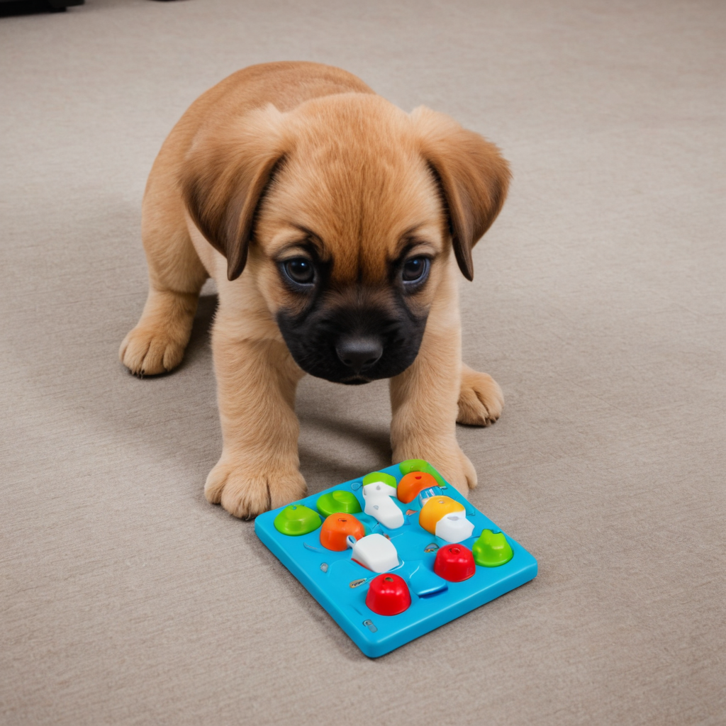 A puppy engaging with a puzzle toy or interactive toy, showing mental stimulation