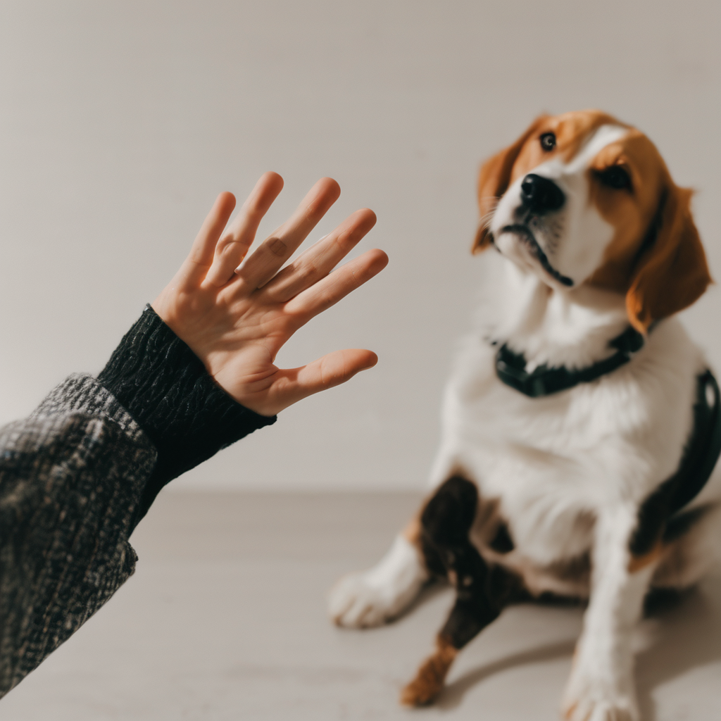 A person holding up their hand with an open palm, instructing a puppy to stay.