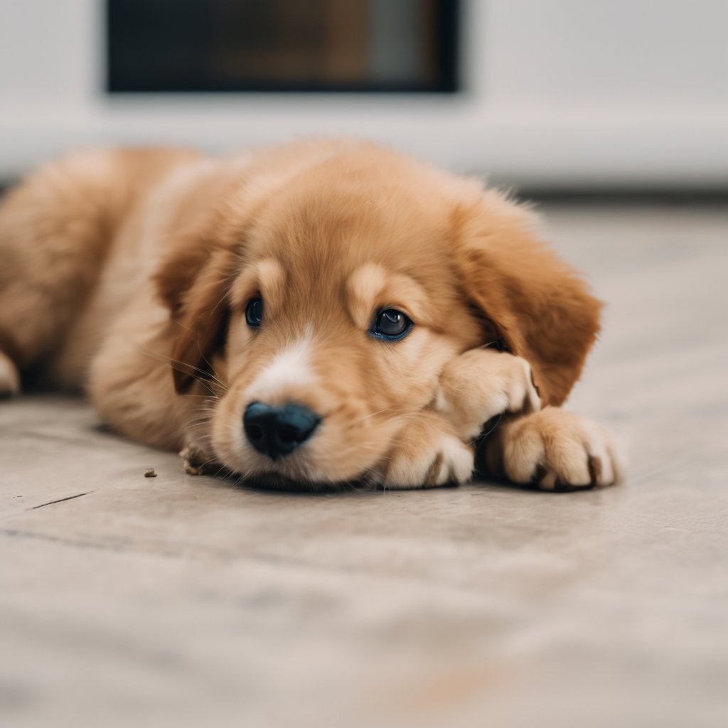  a puppy lying down after following a treat to the ground.