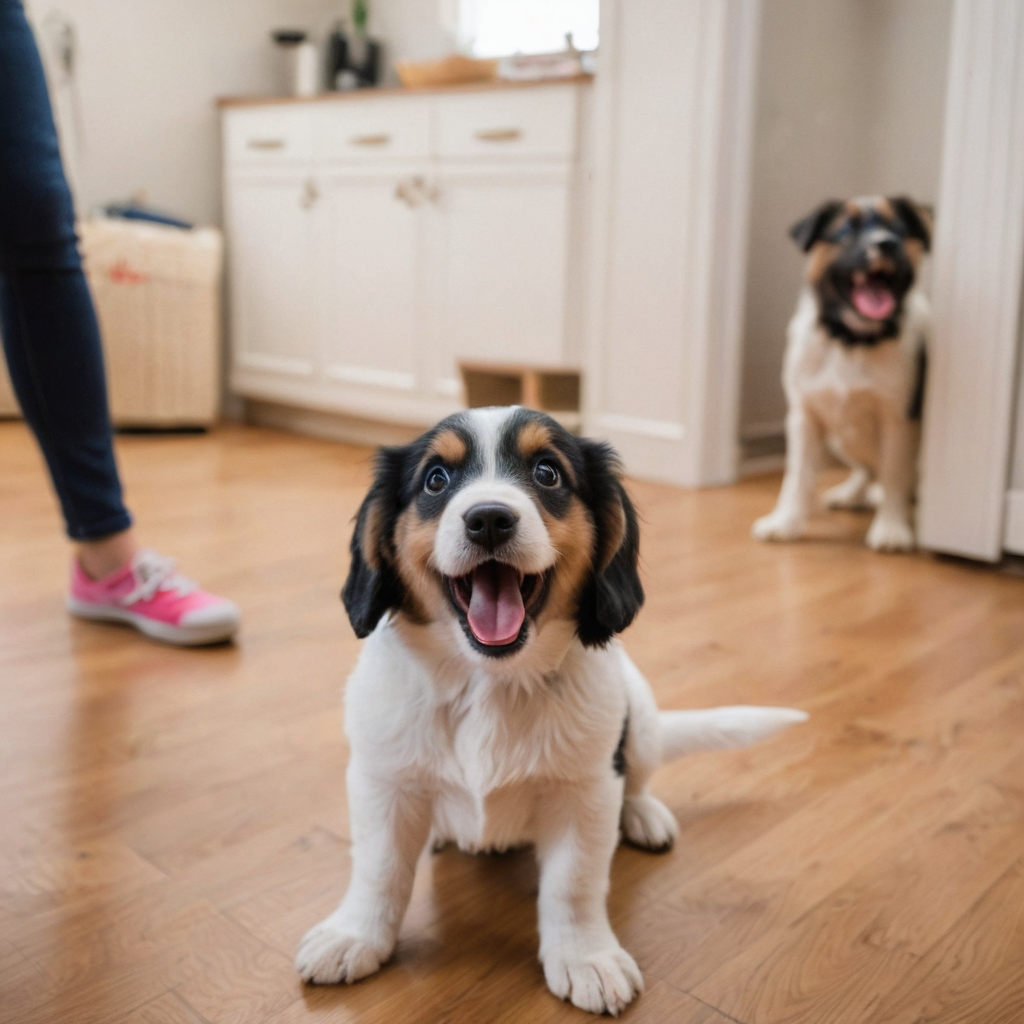 A cute puppy barking in a home setting, with a slightly frustrated yet loving owner