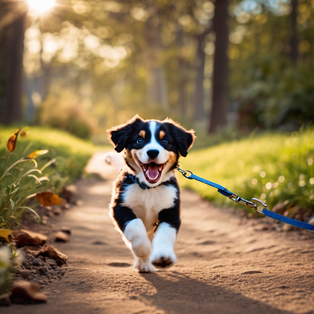  a puppy running towards its owner with a leash in an outdoor setting