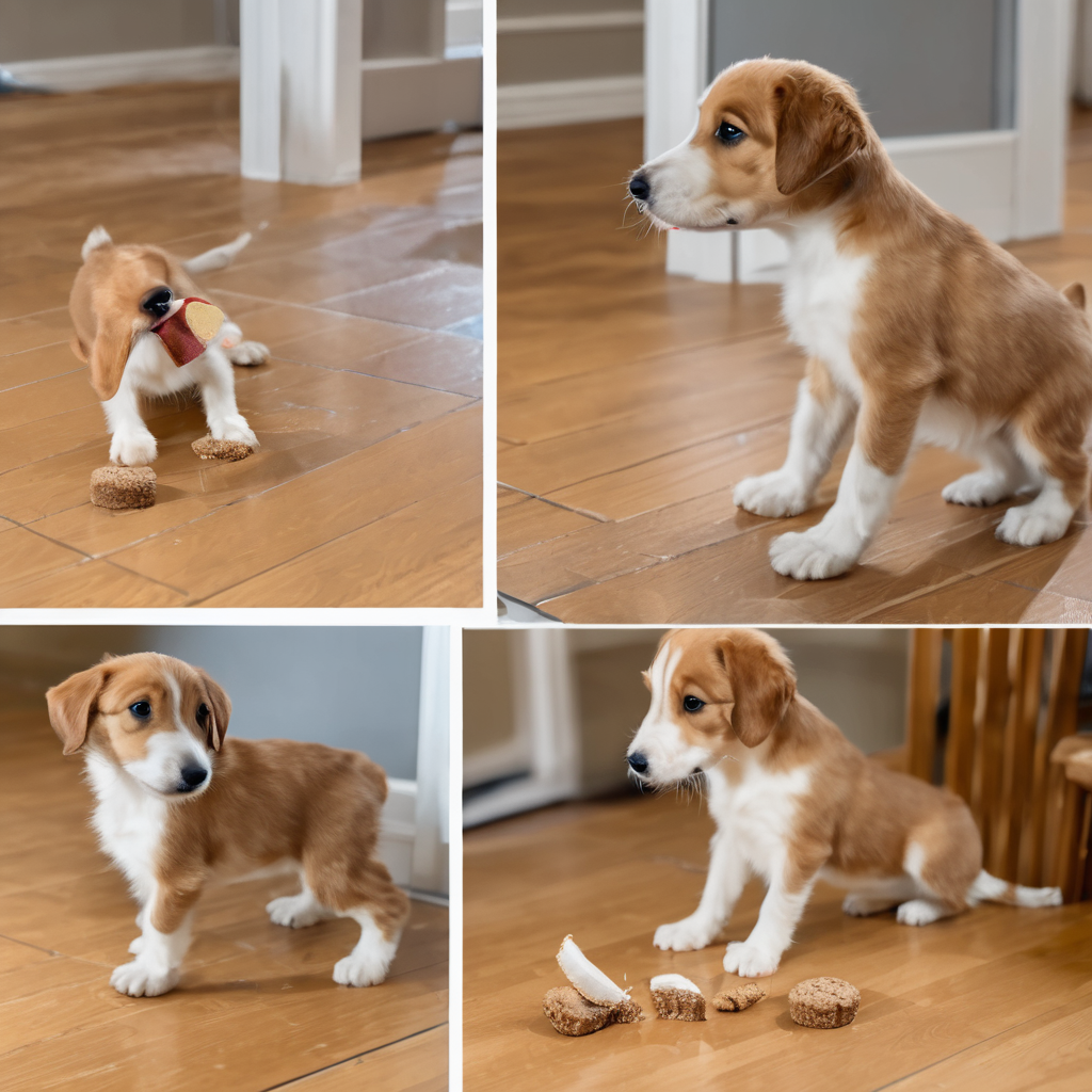 a puppy following a treat with its nose and sitting down.