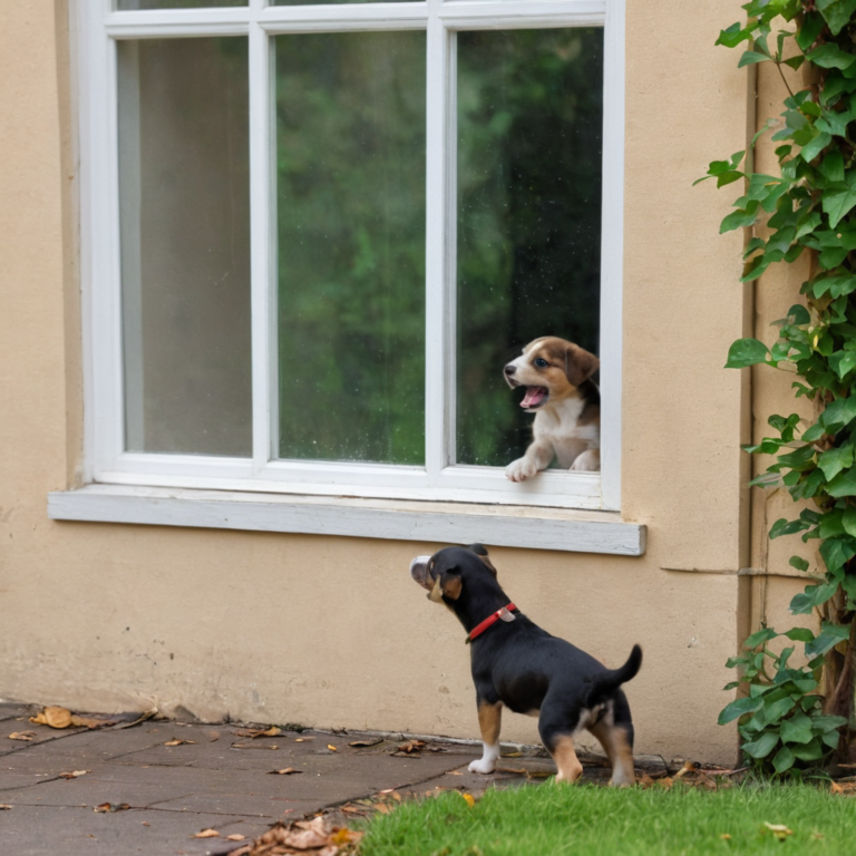 A cute puppy barking from the window to passing by